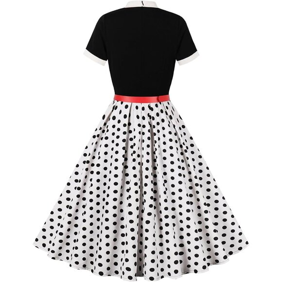 Women 50s Style Vintage Swing Dress Short Sleeve Tie Neck Polka Dot - Picture 2 of 6